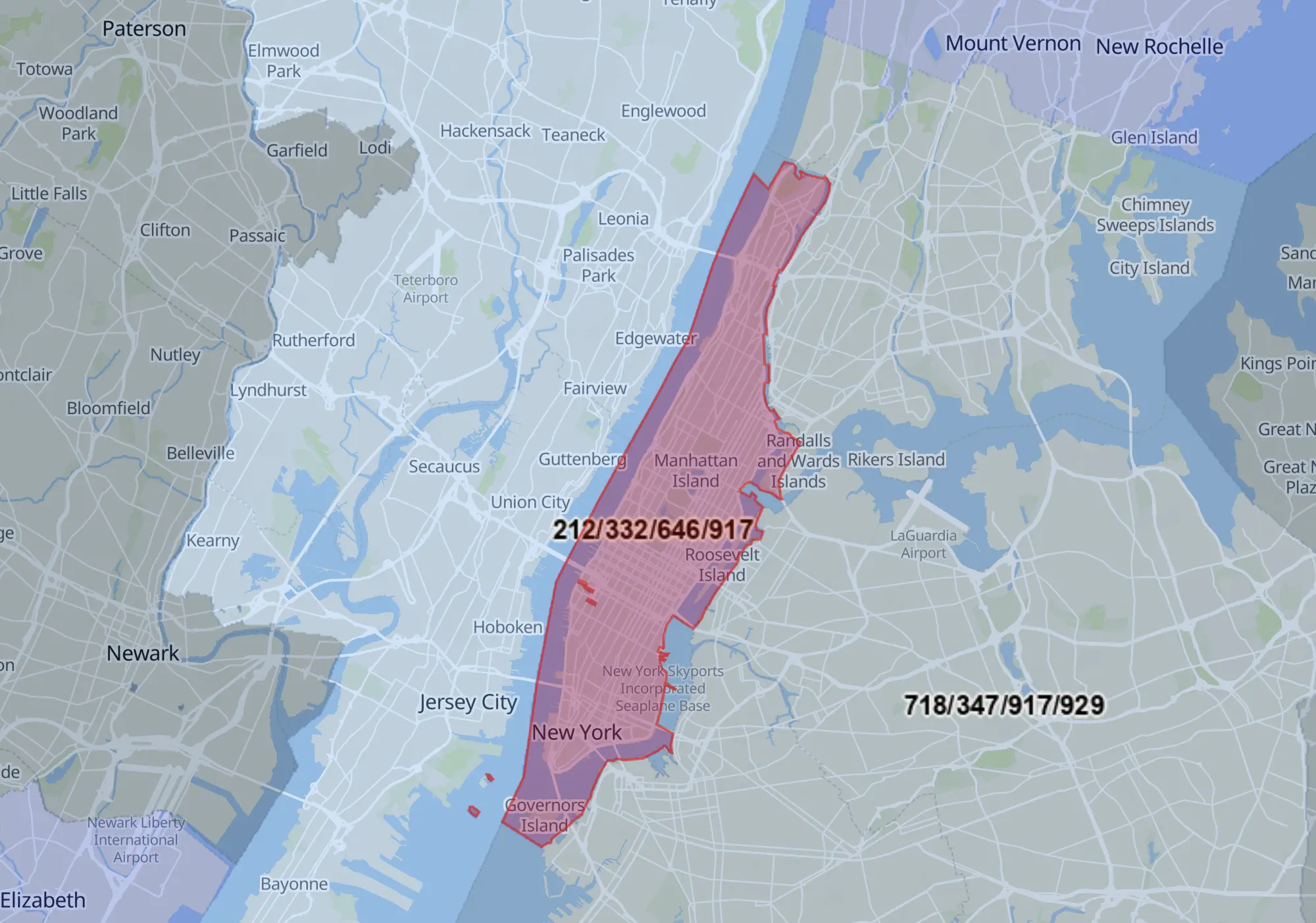 Map illustrating the 212 area code coverage in New York City, highlighting Manhattan and surrounding areas with additional relevant area codes.