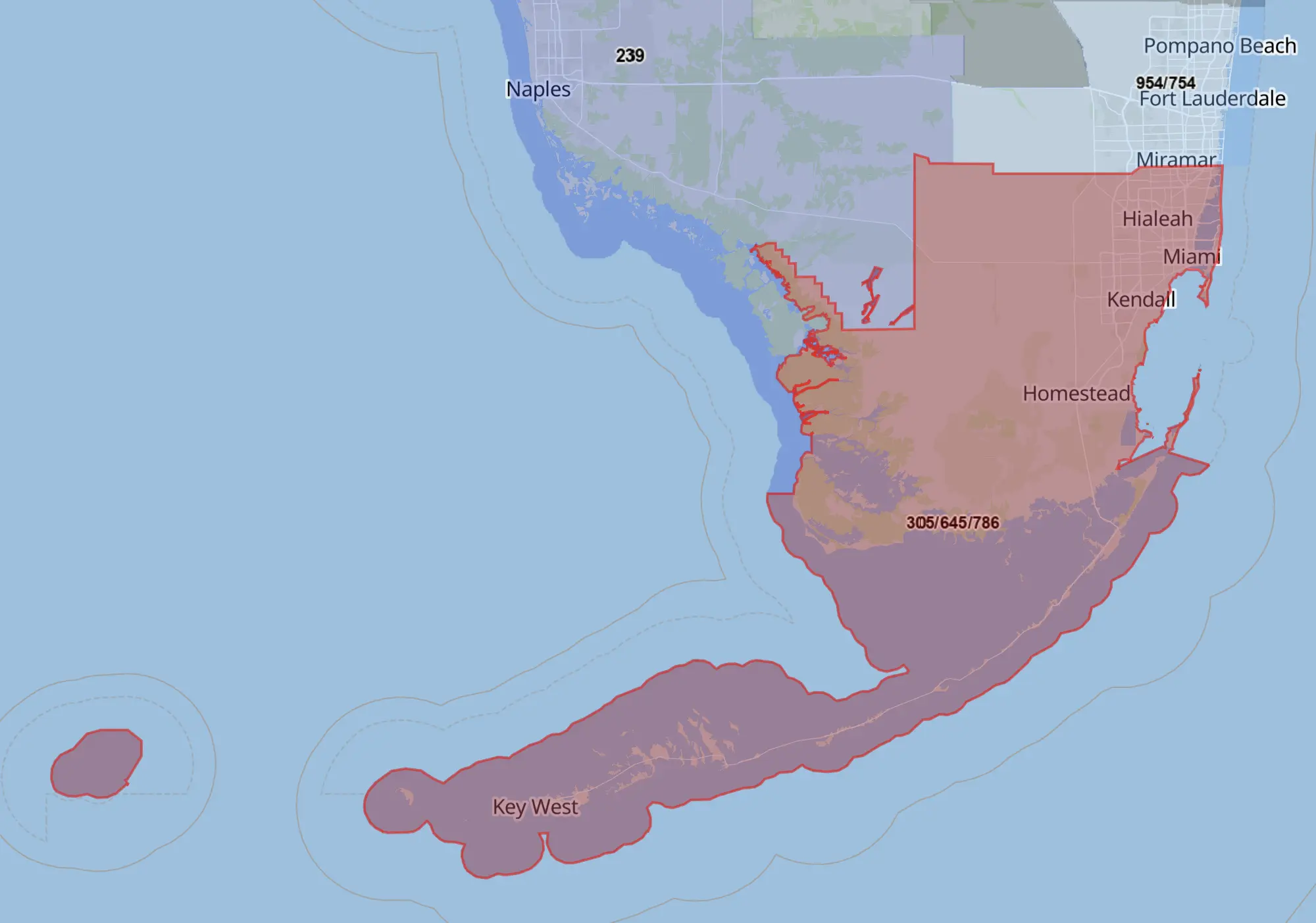 305 area code map for Miami Florida