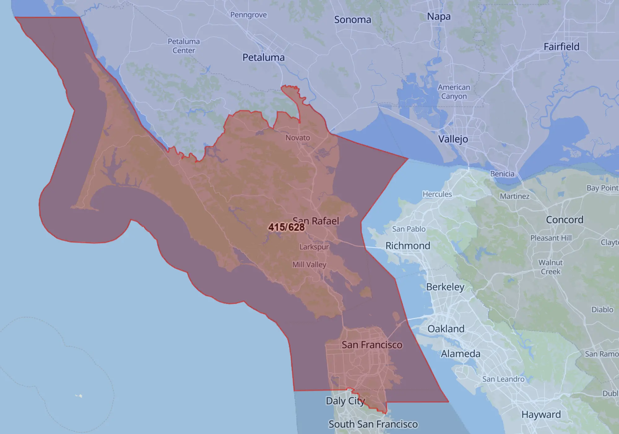 Map of 415 area code in San Francisco, CA