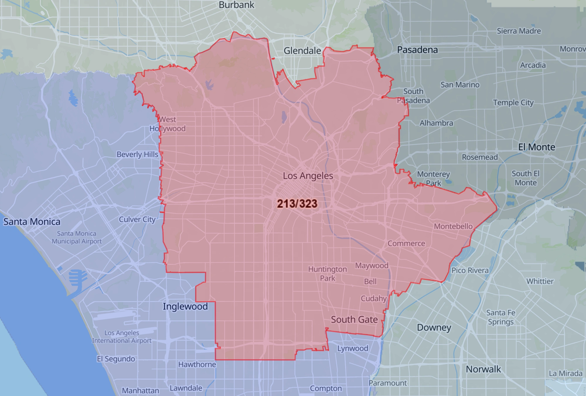 323 and 213 area code is Los Angeles, CA map